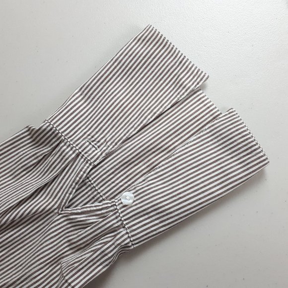 Ashley Stewart Tan Vertical Stripe Sash Tie Button-down Shirt - Picture 4 of 15